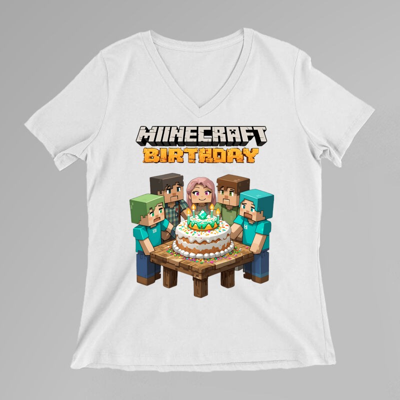 Női V-nyakú póló Minecraft Birthday