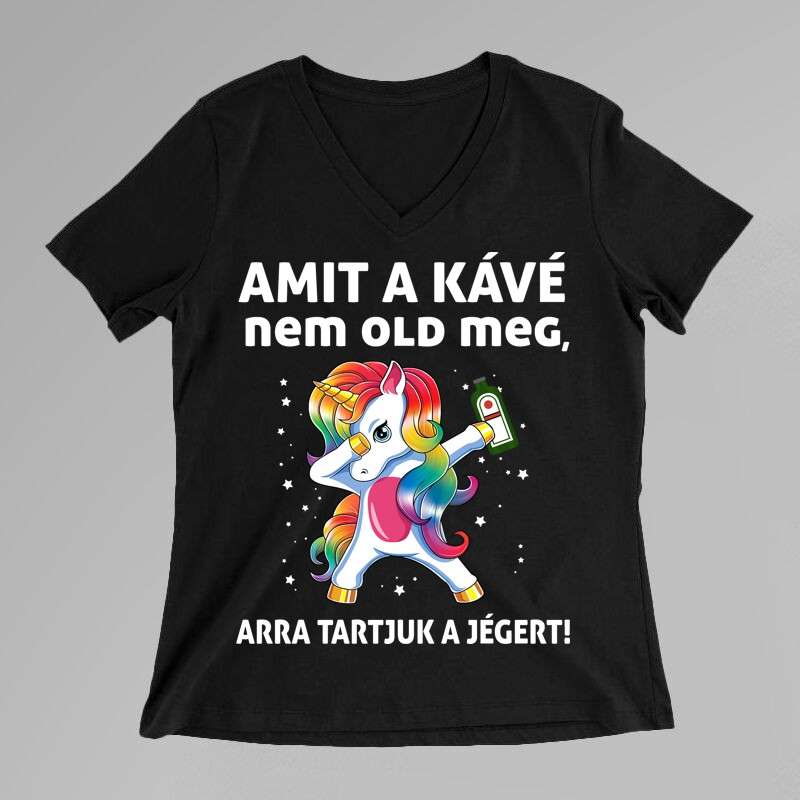Női V-nyakú póló Amit A Kávé Nem Old Meg Unikornis
